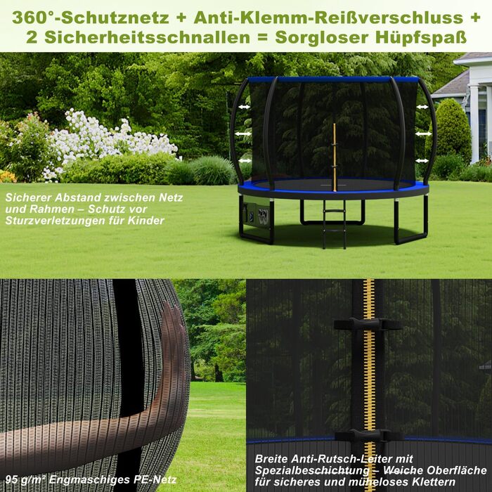 Батут Devoko вуличний Ø228/305/366/427/488 см, з сіткою безпеки та драбиною, дитячий садовий батут, блакитний колір