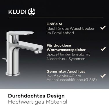 Змішувач для умивальника KLUDI-X1 низького тиску, висота виливу 95 мм, водозберігаючий, розмір M, з керамічним картриджем, хром, з 3 штуцерами (для бойлера), для ванної кімнати
