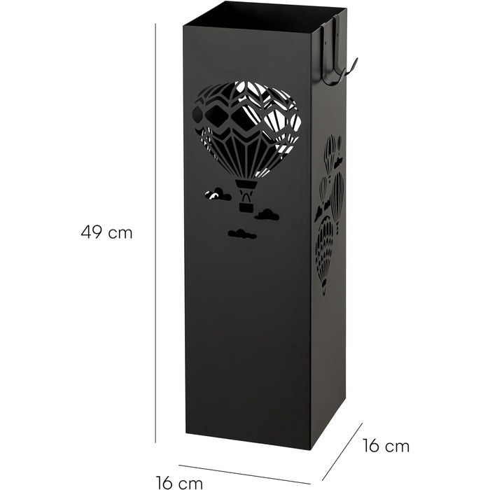 Металева підставка для парасольок Baroni Home з декором у вигляді повітряної кулі, 2 гачки, знімний піддон для крапель, чорний, 16x16x49 см