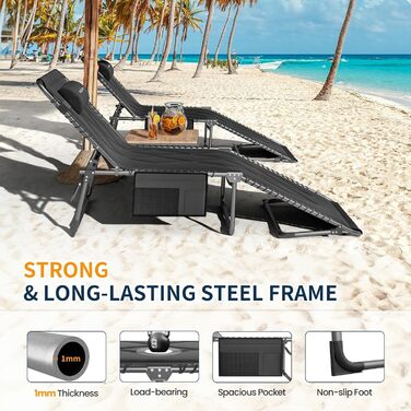 Розкладне ліжко для кемпінгу UDPATIO: зручне ліжко для відпочинку на природі, регульована спинка, з матрацом, чорний колір