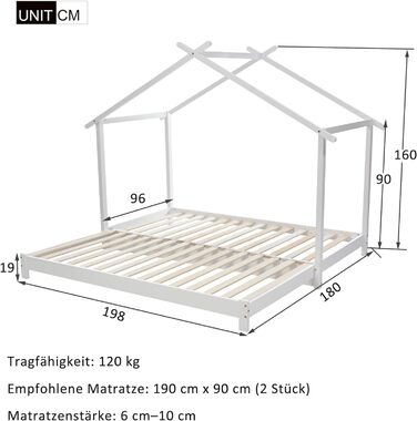 Ліжко LATICO House 180/90x200 см, дитяче ліжко дерев'яне висувне, односпальне ліжко та двоспальне ліжко, дитяче ліжко з масиву дерева Підлогове ліжко-трансформер з рейковим каркасом, дерев'яне ліжко на дереві для дівчаток і хлопчиків, біле