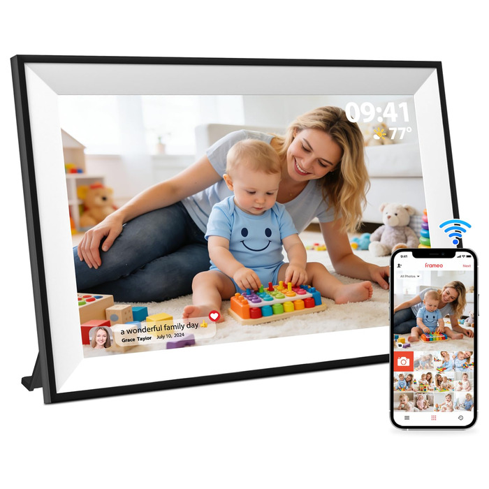 Цифрова фоторамка Frameo 10.1 дюймів WLAN, Full HD IPS сенсорний екран 1280x800, 32GB пам'ять, автоматичний поворот, можливість монтажу на стіну, керування через додаток Frameo (Чорна з білою рамкою)
