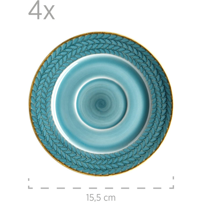Серія Prospero, преміум на 4 персони в гастрономічній якості, сучасний набір тарілок з 8 предметів в унікальному вінтажному стилі, синій, міцний фарфор (бірюза, кавовий сервіз)