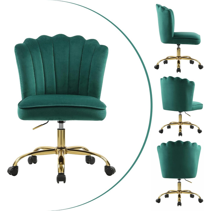 Крісло для офісу Fiximaster Homeoffice, крісло для робочого столу, обертове, регульоване по висоті, з м'якою оббивкою з велюру, золоті ніжки, для робочого кабінету, спальні, до 135 кг, зелене