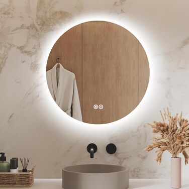 Круглий дзеркало для ванної кімнати з підсвічуванням S'AFIELINA 60 см LED з сенсорним вимикачем, 3 кольори світла (теплий, нейтральний, холодний), регулювання яскравості, 60x60 см