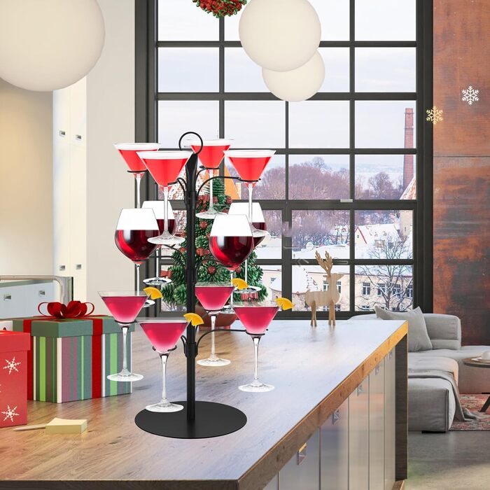 Стійка для келихів YCWF – 3 яруси, 12 келихів, для шампанського, коктейлів, маргарити (чорна)