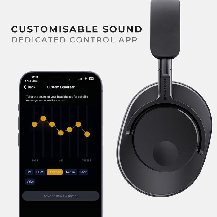 Навушники Cambridge Audio Melomania P100 - Bluetooth, ANC, Hi-Fi звук, відтворення 100 годин, знімний акумулятор, ігровий режим, чохол для перенесення - чорний