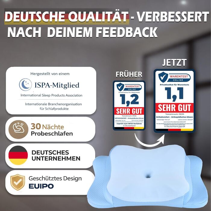 Подушка для шиї з Memory Foam, ергономічна, для всіх типів сну, з чохлом, сертифікат Oeko-TEX®, регулює температуру, (Блакитна, запасний чохол)