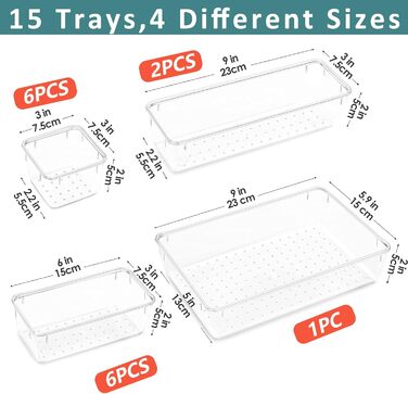 Органайзер для ящиків 15 шт. , 4 розміри, прозорий пластик, для макіяжу, кухні, офісу, шафи