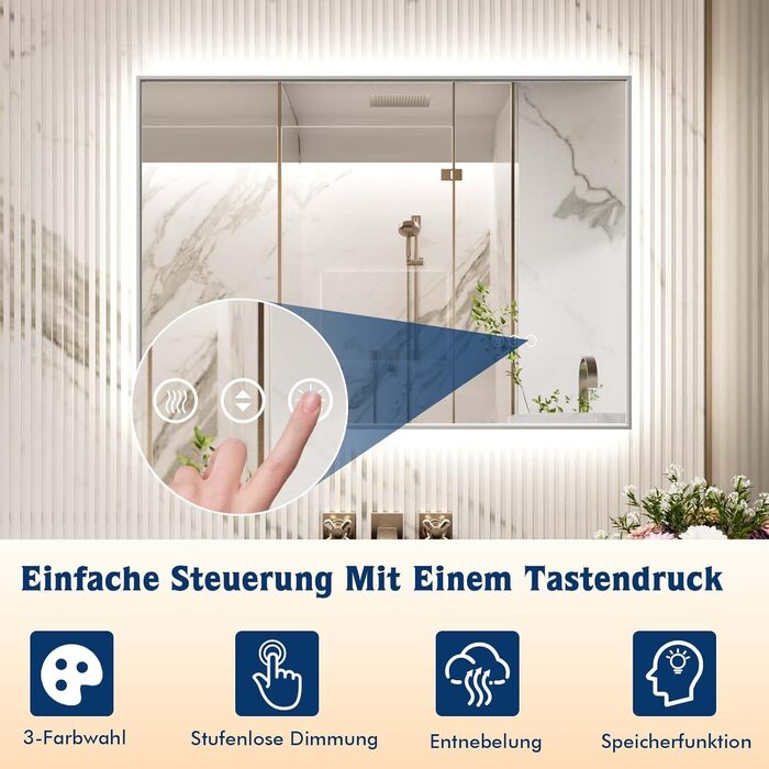 LED дзеркало для ванної кімнати 60x80 см з підсвічуванням, сенсорне, регулювання яскравості, 3 кольори світла, проти запотівання, водонепроникне IP44, горизонтальне/вертикальне