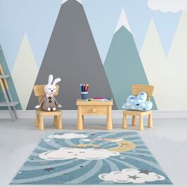 Килим Дитяча кімната - Синій - 120x160см - Хмари, місяць і зірки - Ігровий килимок Дитячий килимок з коротким ворсом - Oeko-Tex Standard 100 (80 x 150 см)