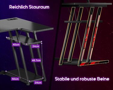 Ігровий стіл ODK L-подібна LED та розетки, кутовий стіл з підставкою для монітора, вуглецеве волокно чорний 100 см