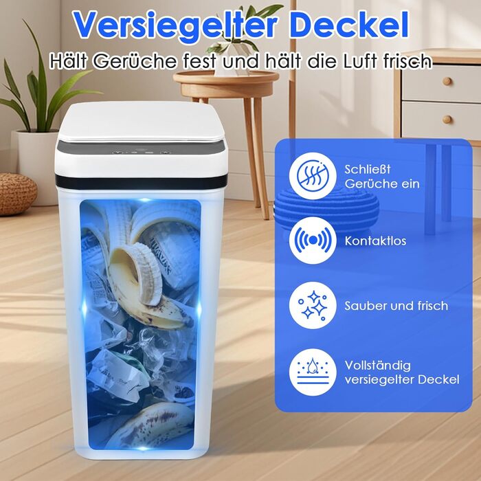 Набір з 2 відер для сміття з сенсором, 12л, автоматичний відкривання кришки, 3 режими роботи, тихе, водонепроникне, інтелектуальне відро для сміття, для кухні, офісу, вітальні, ванної кімнати (Чорний+Білий)