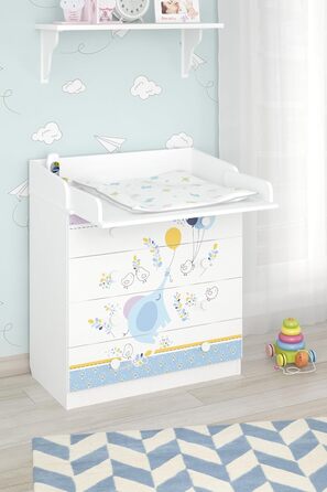 Дитяча пеленальна комода Shefa Kids Elefant з повітряною кулькою – 4 шухляди, з відкидним столиком, для дитячої/немовлятньої кімнати, ергономічна пеленальна станція, білий слон
