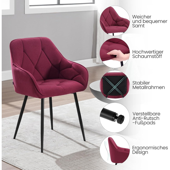 Набір з 2-х обідніх стільців WOLTU, для вітальні та кухні, ергономічні, з підлокітниками, м'яке сидіння з оксамиту (Бордо)