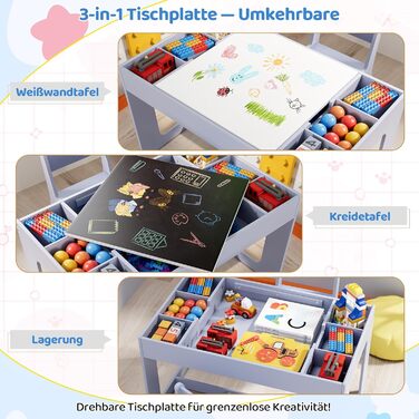 Дитячий стіл та комплект стільців Mamizо з місцем для зберігання, блакитний. Підходить для дитячої кімнати, школи, дитячого садка, від 3 років.