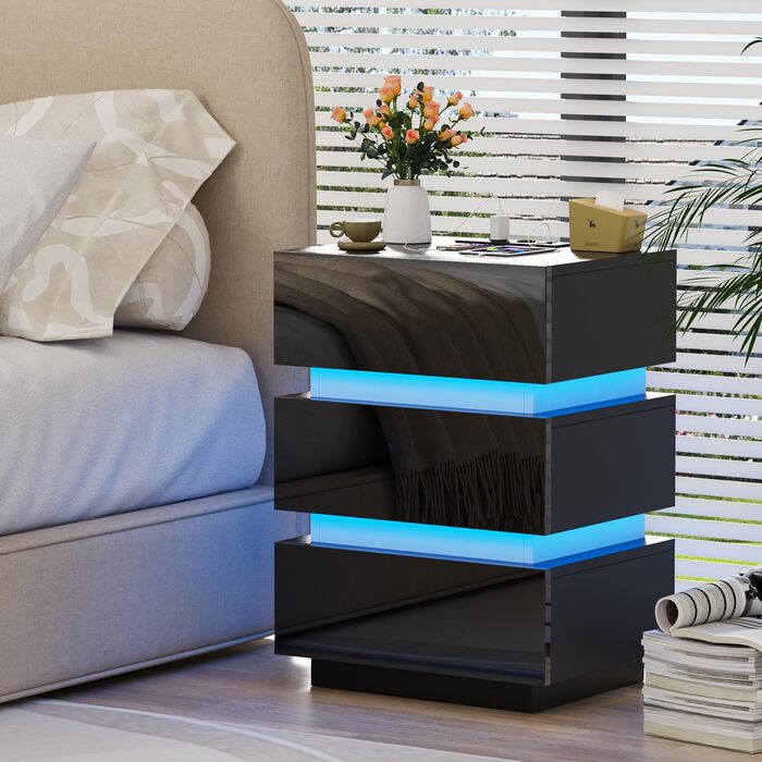 Нічний столик з розеткою та LED-підсвіткою, нічний комод з функцією зарядки та USB, 2 висувні ящики (45x35x46/62 см, Чорний)