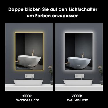 LED дзеркало для ванної кімнати Byecold з підсвічуванням, антизапітнінням, Wi-Fi годинником, датчиком та сенсорним вимикачем, 60x80 см