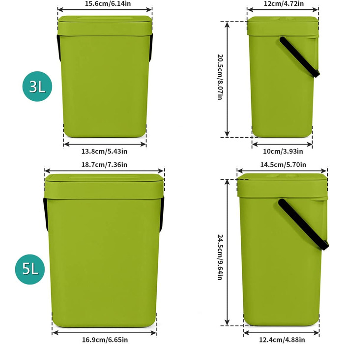 Кухонне відро для органічних відходів Spesh, набір з 2 (5 л 3 л) пластикових відер для компосту, герметичне підвісне відро для відходів з кришкою для зберігання органічних відходів, що утворюються щодня (зелений)