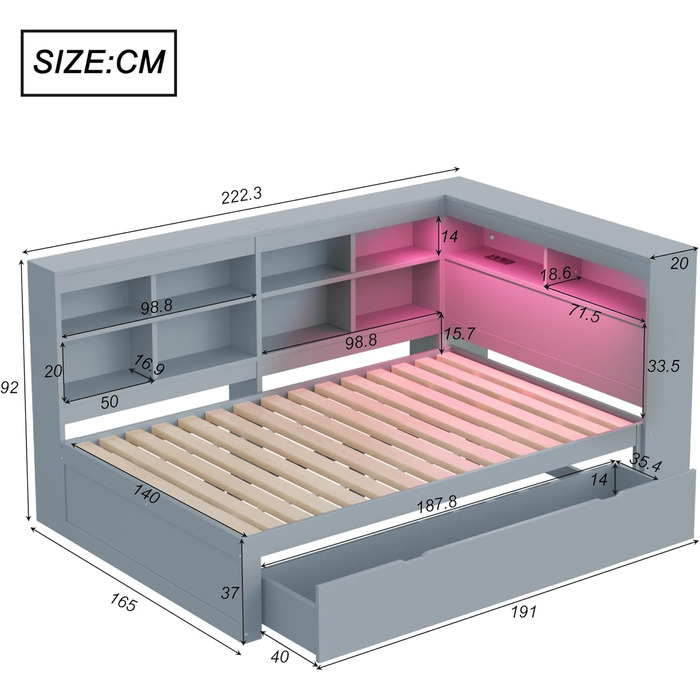 Диван-ліжко Kehun Doppelbet з LED-підсвіткою та USB-портом, трансформер з ящиками для зберігання та полицею, ліжко з ламелями, білий колір, без матраца, 140x200 см (сірий)