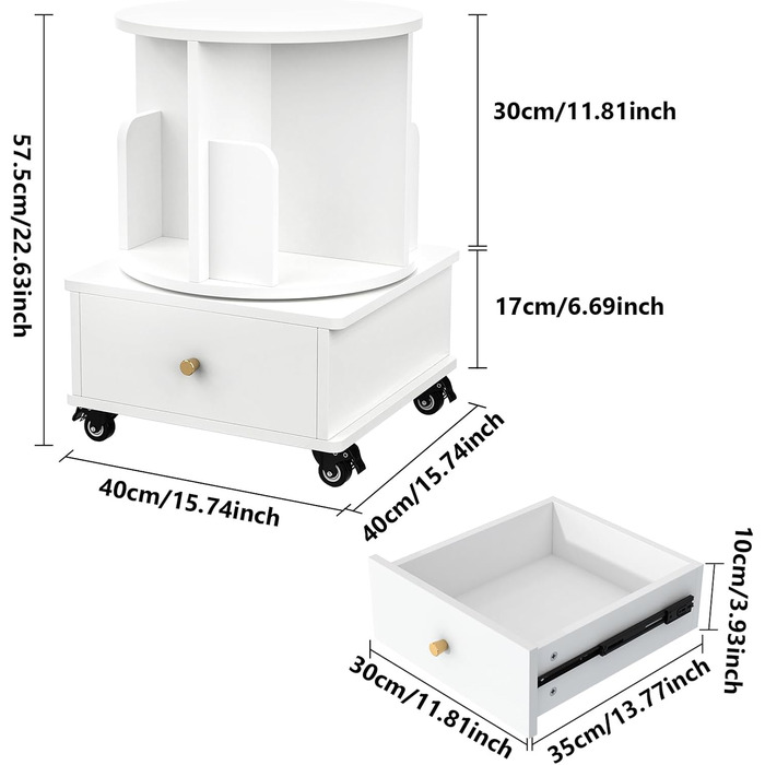 Поворотна книжкова шафа Chowgoli, 360, з шухлядою та коліщатками, біла, 40x40x147см, 4 шари