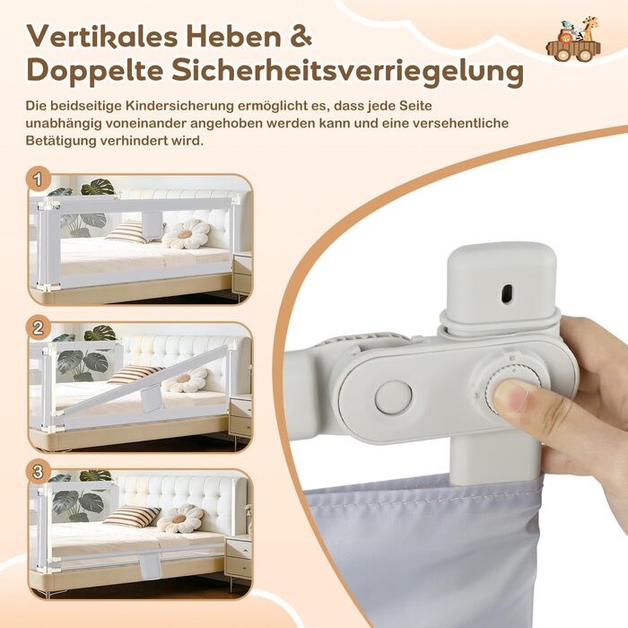 Захисний бортик для ліжка дитячий Ikodm 2x200 см + 1x180 см, регульована висота 64-96 см, сірий