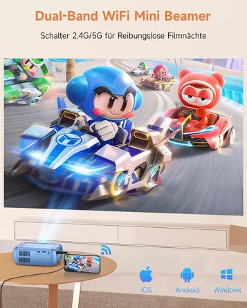 Mini Beamer Bluetooth WiFi: Портативний проєктор 1080P для телефону iPhone/Android, домашній/зовнішній, сумісний з USB/HDMI/Fire Stick/PS5