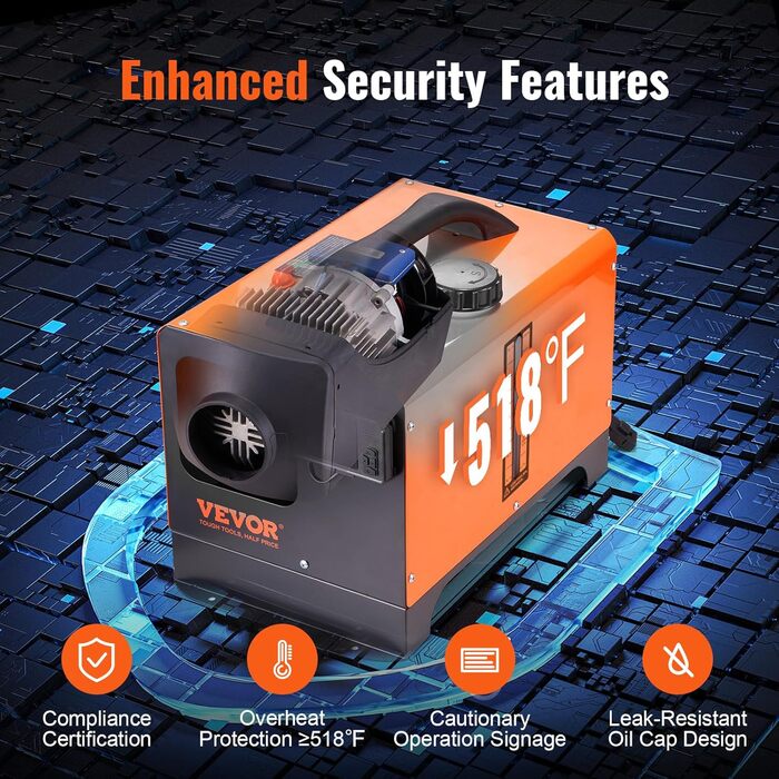 Електрична дизельна піч опалення VEVOR 12V 5-8kW з LCD-дисплеєм, пультом дистанційного керування та Bluetooth-APP