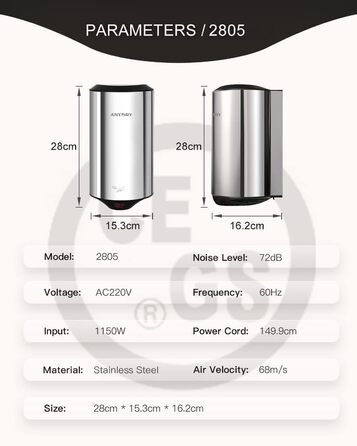 Автоматичний сушар для рук AnyDry 2805: компактний, високошвидкісний, з нержавіючої сталі, 1350W