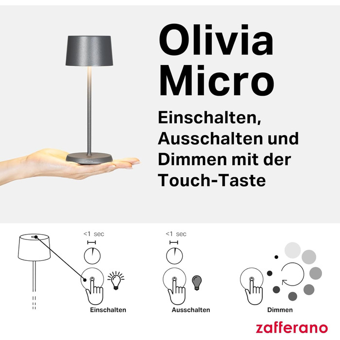 Zafferano Olivia Micro - Бездротова LED-лампа для дому та саду, сенсорне керування, регулювання яскравості, 2200-3000K, 20 см, пісочний колір