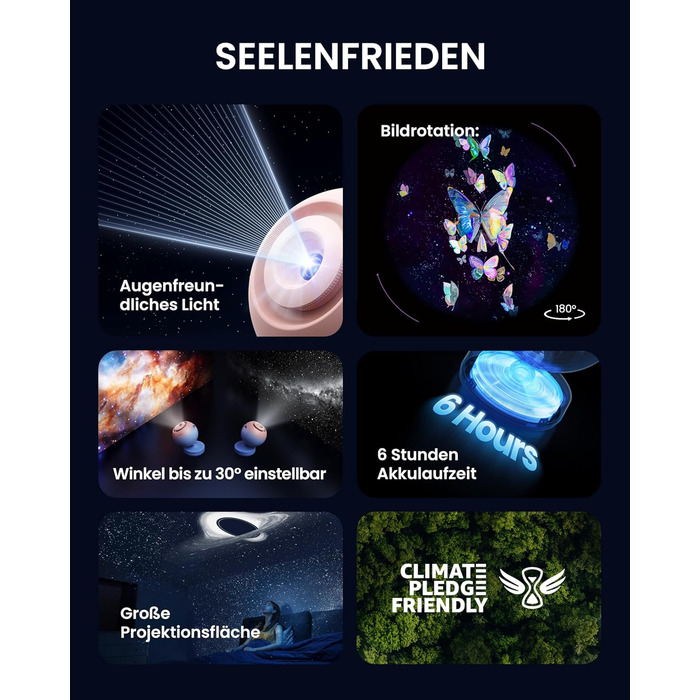 Проєктор зоряного неба POCOCO Sternenhimmel: LED-проектор галактики, планетарій для дітей та дорослих, нічник з ауророю, 2 диски, таймер, рожево-блакитний