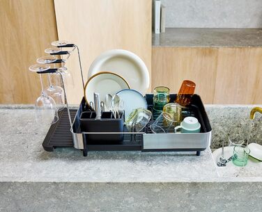 Сушарка для посуду Joseph Joseph Extend з нержавіючої сталі, висувна, компактна, з тримачем для столових приборів та поворотним зливом (Plus, Чорний)