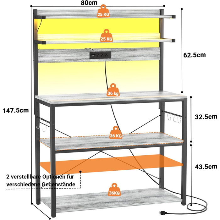 Кухонна полиця-стійка з розеткою, підставка для мікрохвильовки, 5-рівнева кавова станція з LED-підсвіткою, полиця для спецій, каструль та сковороди (80см, Білий дуб)