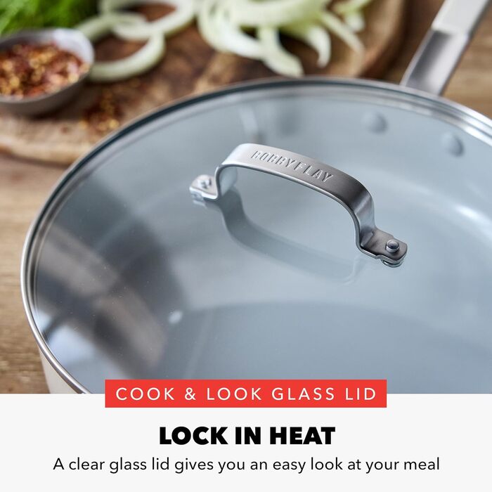 Набір кухонного посуду GreenPan x Bobby Flay 13 предметів: професійний алюміній, керамічне антипригарне покриття без PFAS та PFOA, індукційний, силіконовий ручка, сумісний з посудомийною машиною (4.5QT сковорода з кришкою, кремовий)