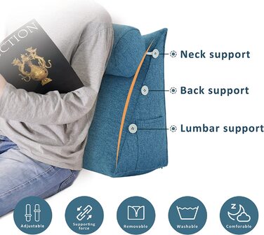 Подушка для спини, трикутна подушка для тіла, підголовник, подушка для ліжка, спинка для дивана, велика подушка для тіла, 60 см (Блакитний)