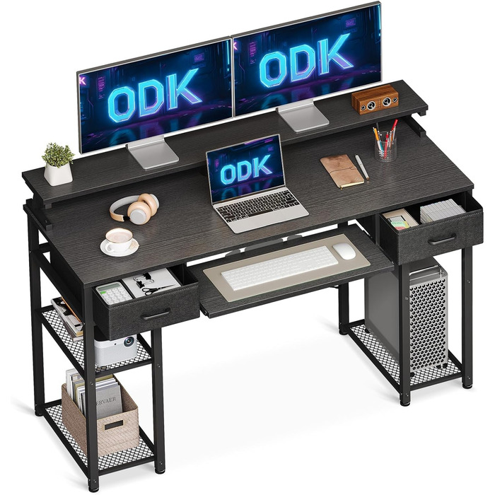 Комп'ютерний стіл ODK з ящиками 120x48 см, з полицею, для дому та офісу, чорний