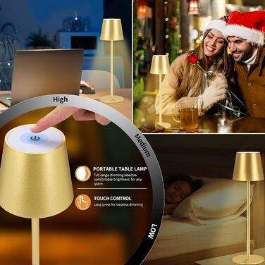 LED-лампа Zoeger: 2 шт., диммування, акумулятор, бездротова, тепле світло 3000K, USB-C, алюміній, IP54, золота