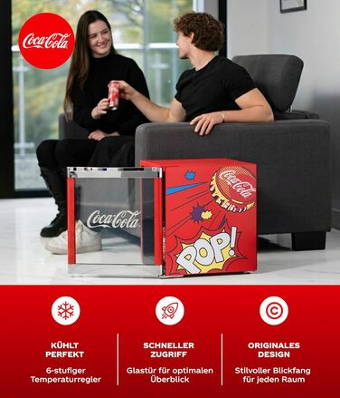 Міні-холодильник для напоїв °CUBES Original Coca-Cola PopArt червоний (48л) з glass-дверцяма, енергоефективний та безшумний — для офісу, геймінгу та вечірок
