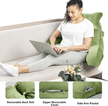 Підлогове крісло-мішок для читання в ліжку, диван для дорослих, подушка для спини з кишенею, крісло для ліжка, читання, перегляду телевізора, ігор (зелене)