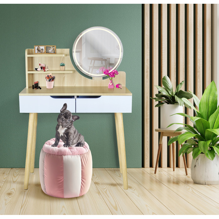 Туалетний столик Jumi, світлий дуб, з дзеркалом та 2 шухлядами, матовий, 80x122x40 см