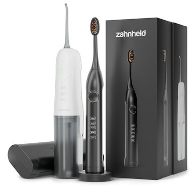 Електрична зубна щітка Zahnheld Gero G3 + Іригатор AQUADENT: Комплект для чищення зубів та гігієни ротової порожнини з датчиком тиску, таймером, USB-C, чорний