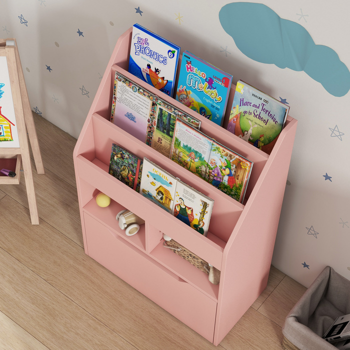 HOMCOM дитяча книжкова полиця, дитяча полиця з ящиком, 3 полицями та 2 відкритими секціями, полиця для зберігання в дитячій кімнаті, ігровій кімнаті, рожевого кольору, 60 x 29,9 x 90 см | Aosom