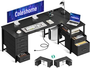 Комп'ютерний стіл Coleshome L-подібний з висувними ящиками з тканини, USB-порт та розетка, для дому та офісу (Чорний, 140x70 см)