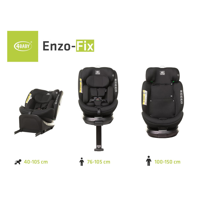Дитяче автокрісло ENZO-FIX на 360 Isofix зі стабілізуючою ніжкою, I-Size з додатковим бічним захистом (Чорний)