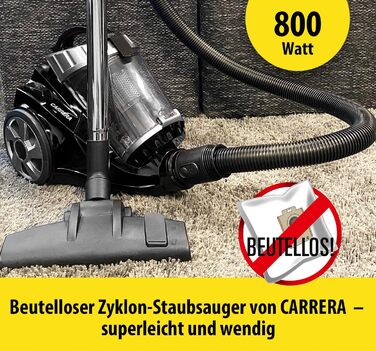 Пилголом Carrera чорного кольору: пилосос циклонного типу, з кабелем, компактний, 800W, HEPA-фільтр, висока потужність всмоктування