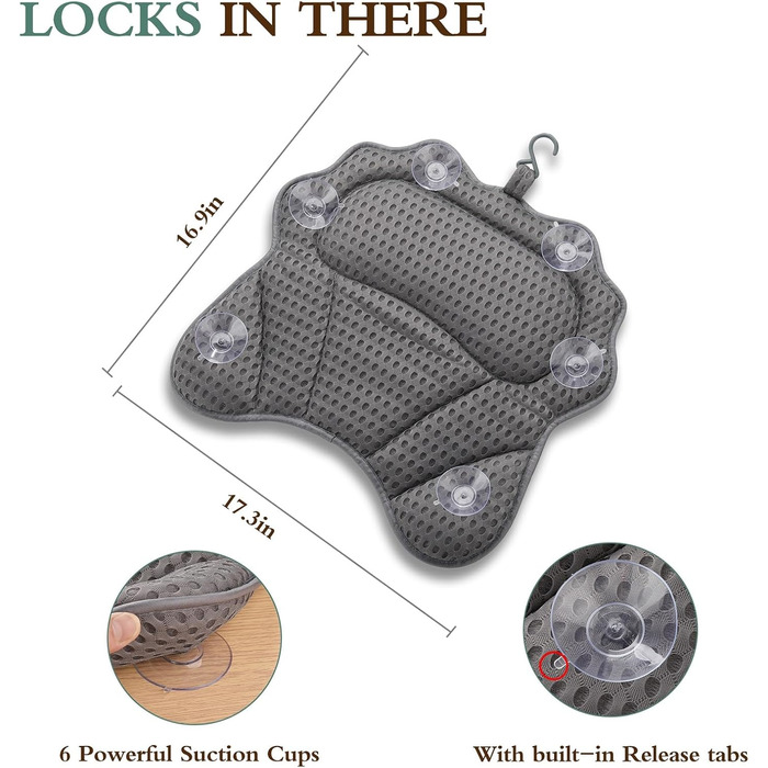 Подушка для ванни RUVINCE ергономічна, з підтримкою голови, шиї, плечей та спини, 4D, 6 присосок, 44x43 см