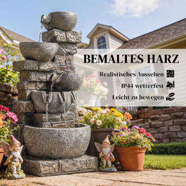 Декоративний фонтан для саду з штучного каміння, п'ятирівневий, з LED-підсвіткою та насосом, імітація каменю, розміри 34 x 36 x 80 см