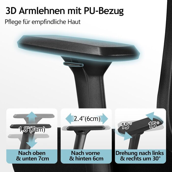 Ергономічне офісне крісло DoChair, висока спинка, підтримка попереку, 3D підлокітник, 150 кг, чорний