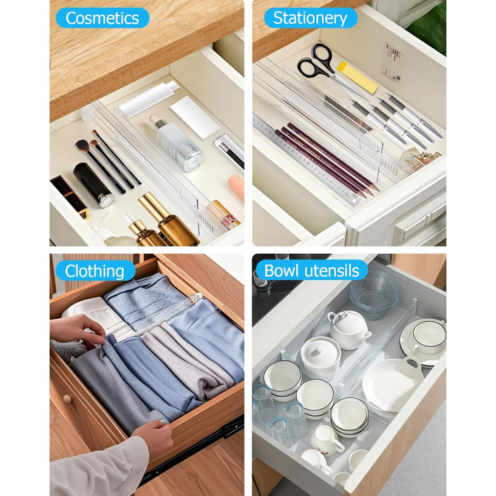 Набір роздільників для ящиків Cexovo, 8 шт., регульовані, пластикові. Роздільники для ящиків кухні, шафи, спальні, комода. Прозорі.