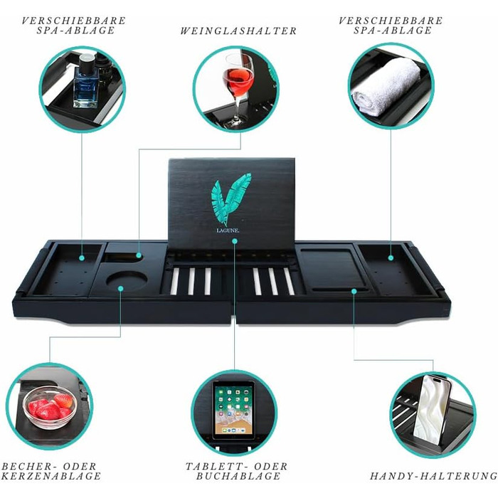 Підставка для ванни Lagune Premium з бамбука (чорна) з шкіряними ручками, для свічок, келихів, книг, планшетів, iPad та телефонів